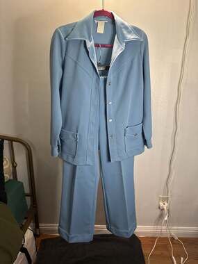 Vintage 1970s Powder Blue Polyester Leisure Suit 2-Piece Set Jacket and Pants